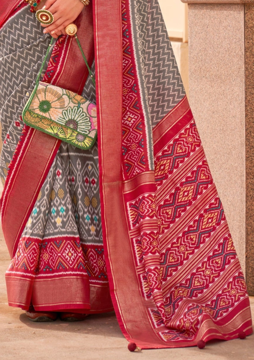 PV Silk Patola Design Grey Saree With Contrast Border