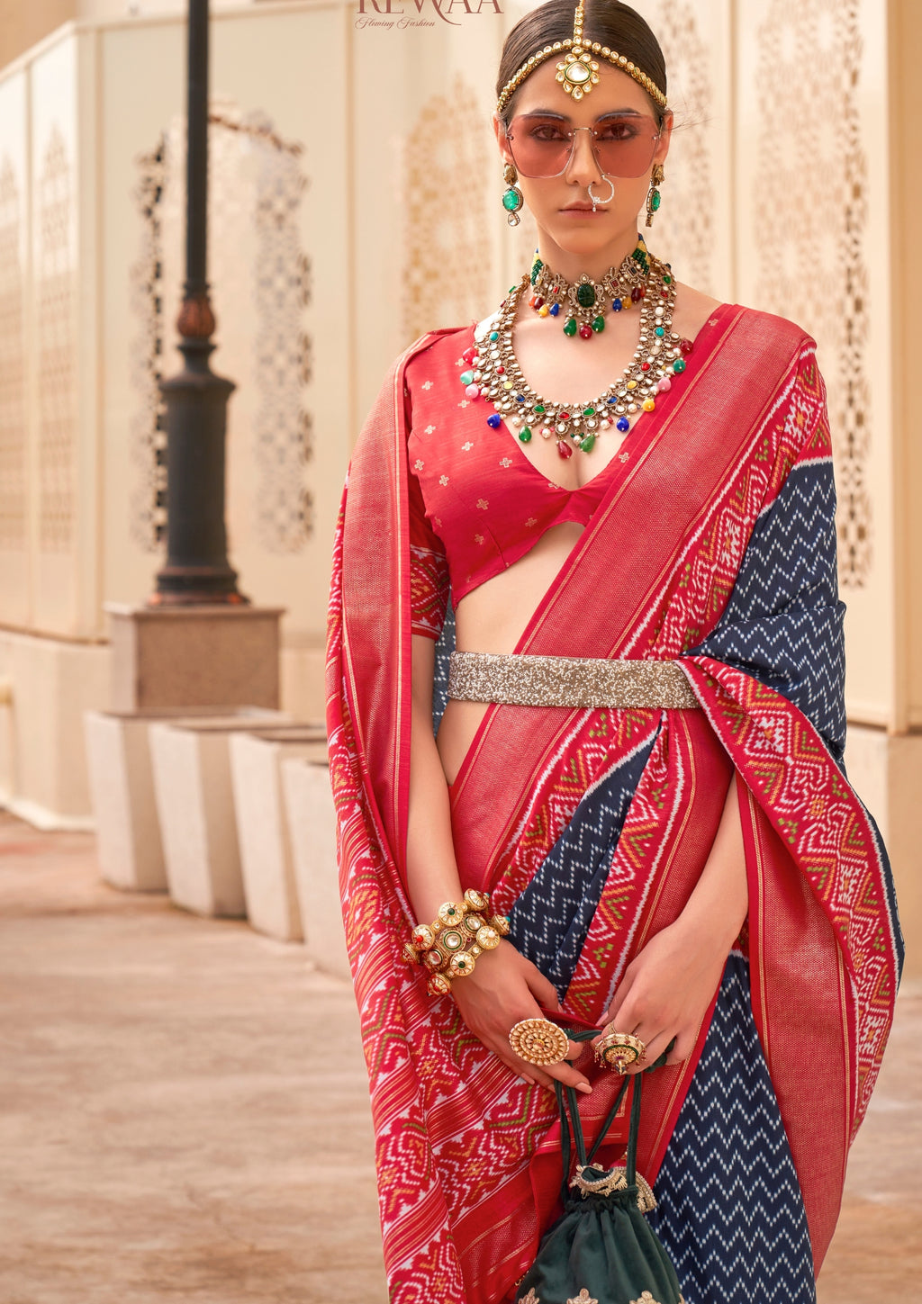 PV Silk Patola Design Navy Blue Saree With Contrast Border