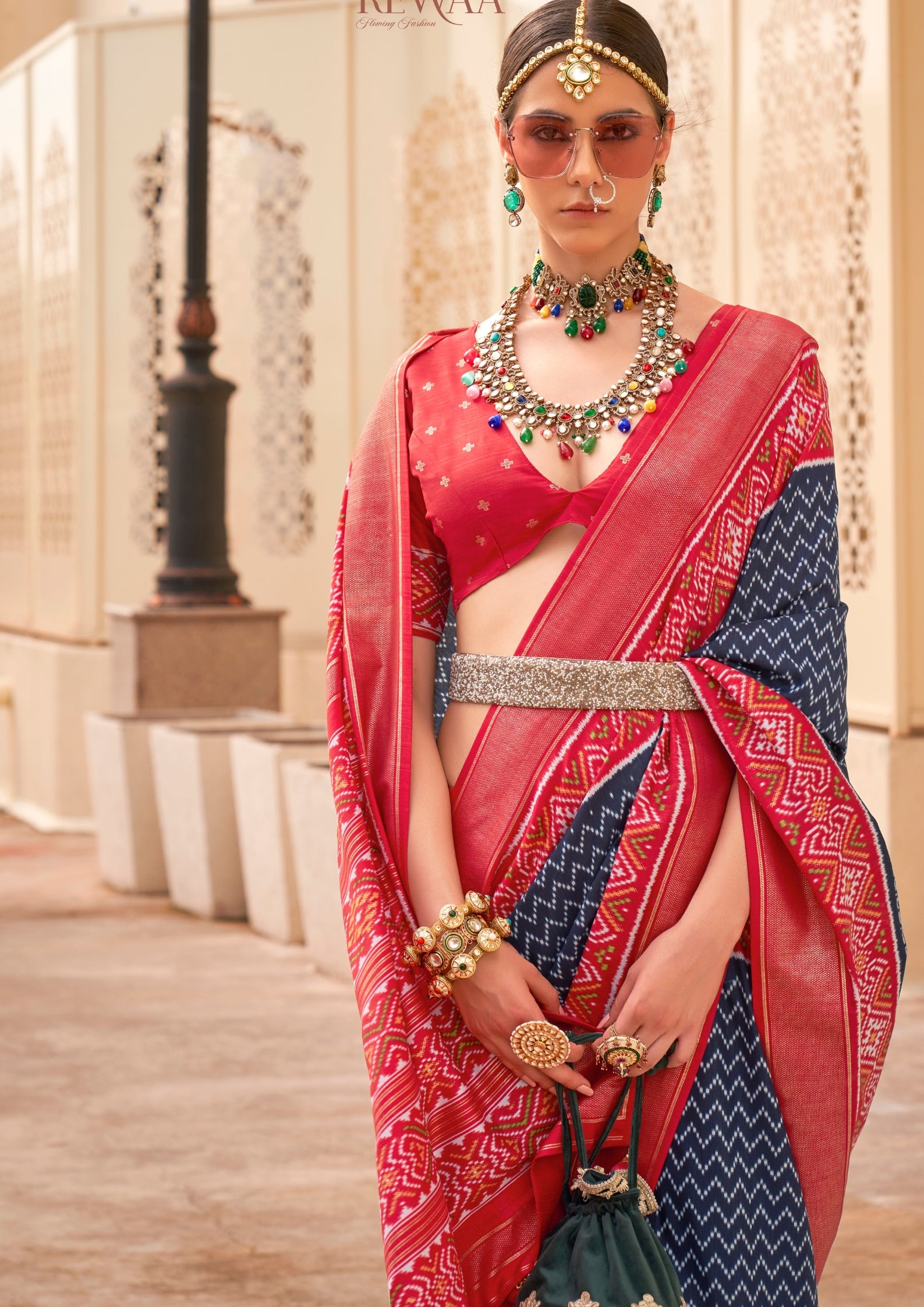 PV Silk Patola Design Navy Blue Saree With Contrast Border