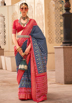 PV Silk Patola Design Navy Blue Saree With Contrast Border