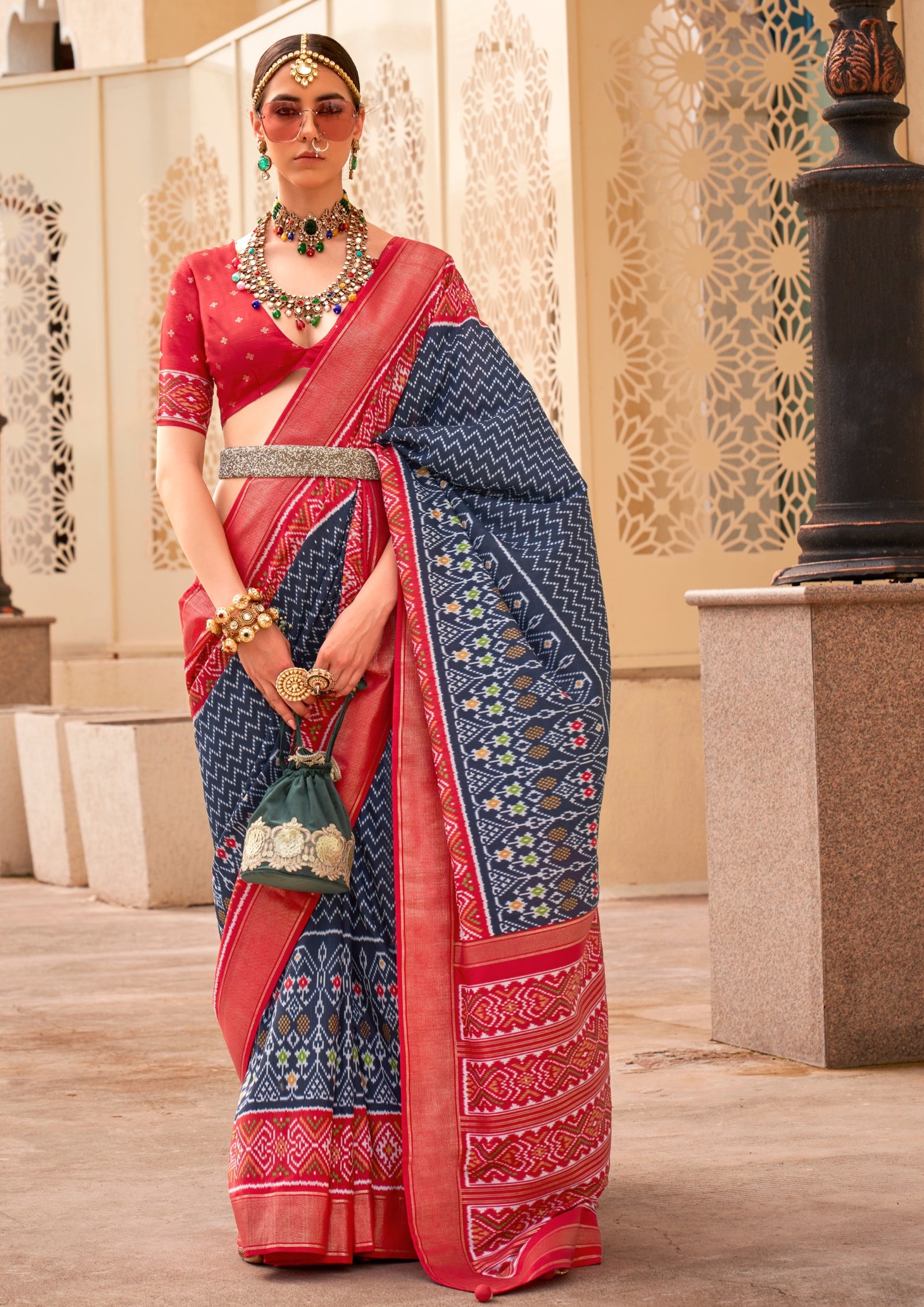 PV Silk Patola Design Navy Blue Saree With Contrast Border