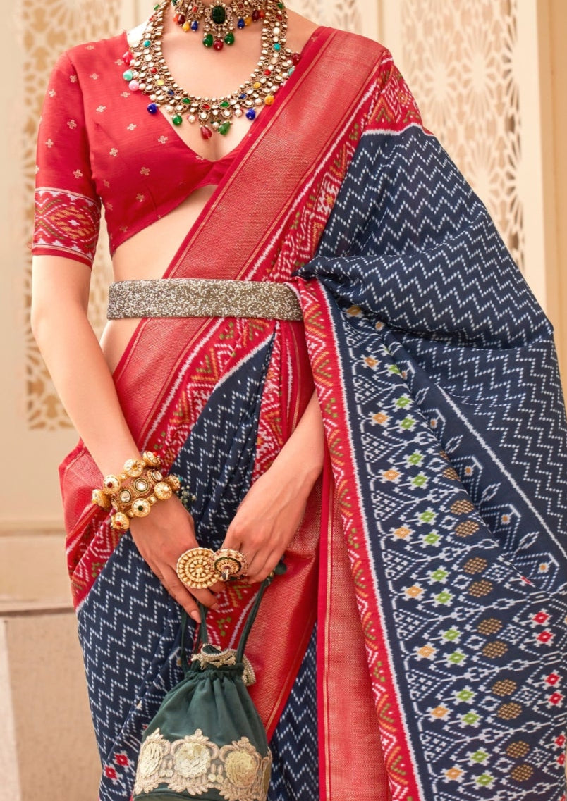 PV Silk Patola Design Navy Blue Saree With Contrast Border