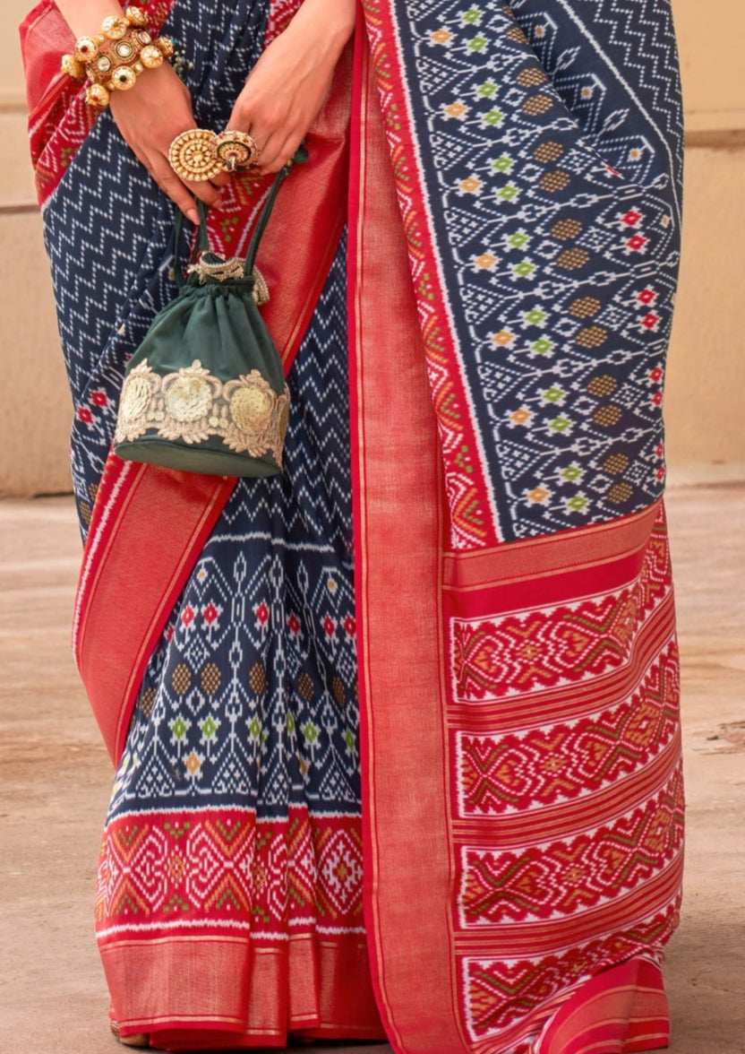 PV Silk Patola Design Navy Blue Saree With Contrast Border