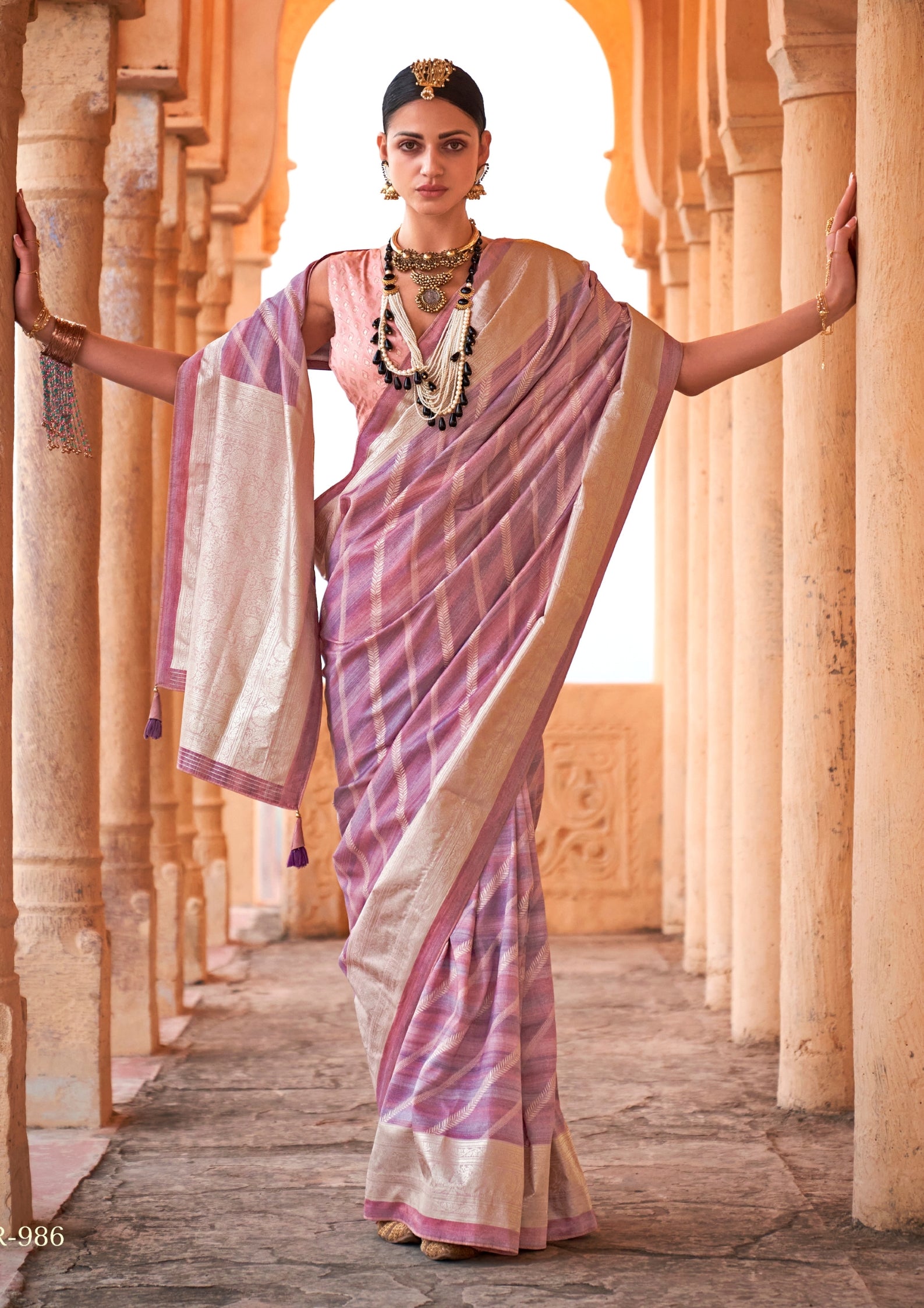 PV Silk Aqua Finish Lilac Saree With Golden Border