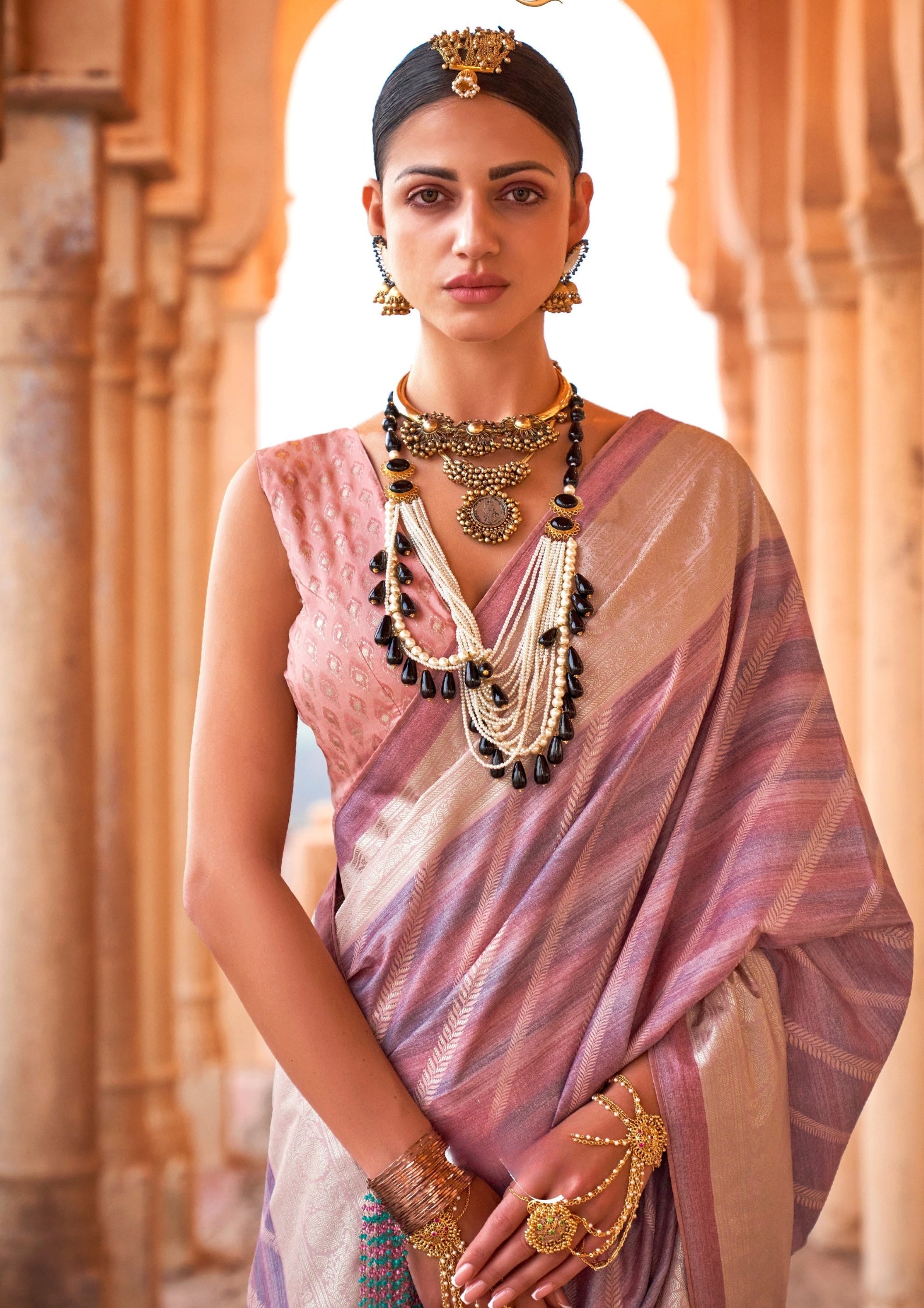 PV Silk Aqua Finish Lilac Saree With Golden Border