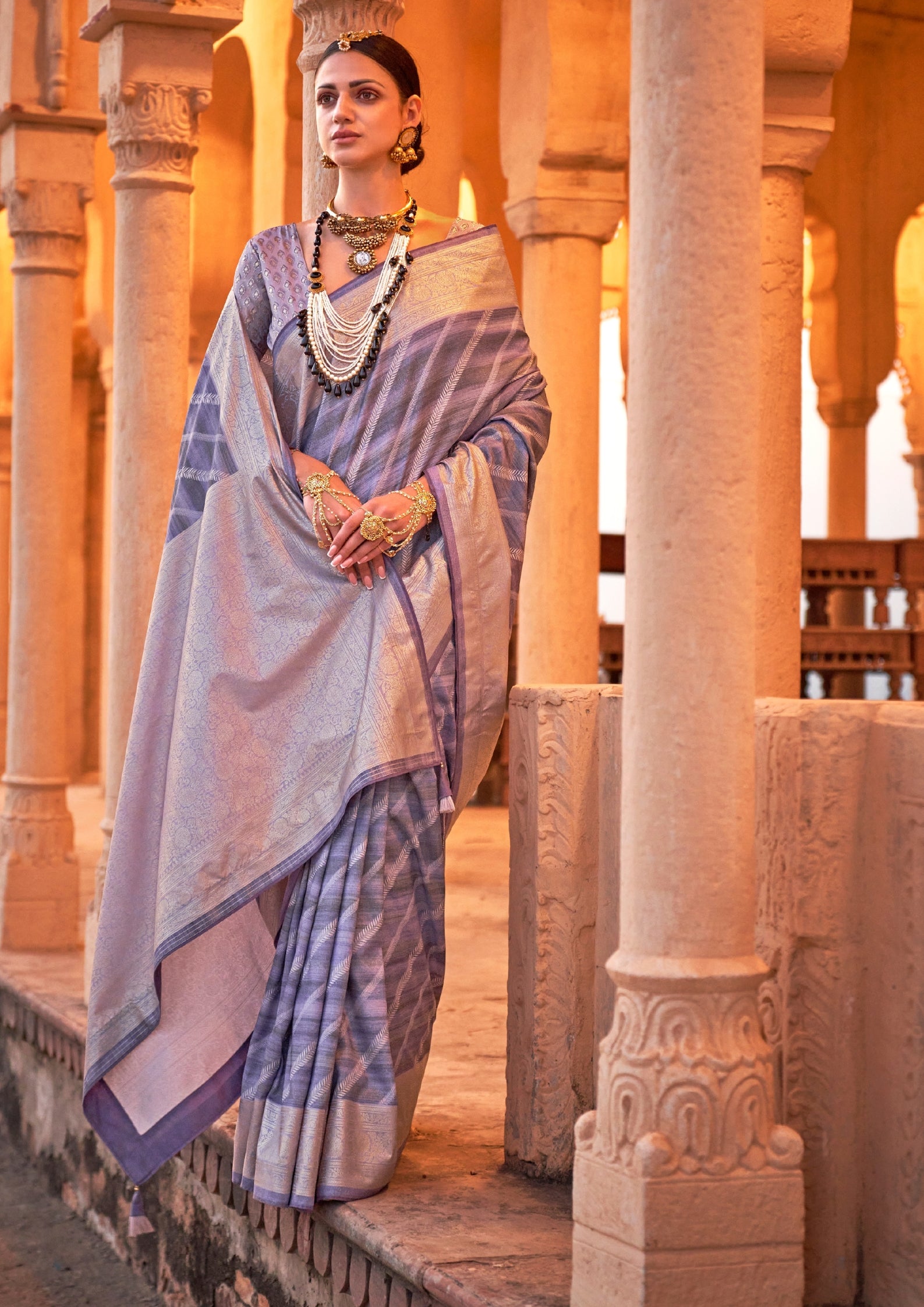 PV Silk Aqua Finish Lavender Saree With Golden Border