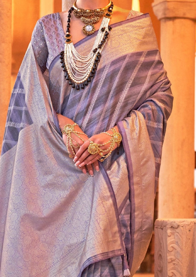 PV Silk Aqua Finish Lavender Saree With Golden Border