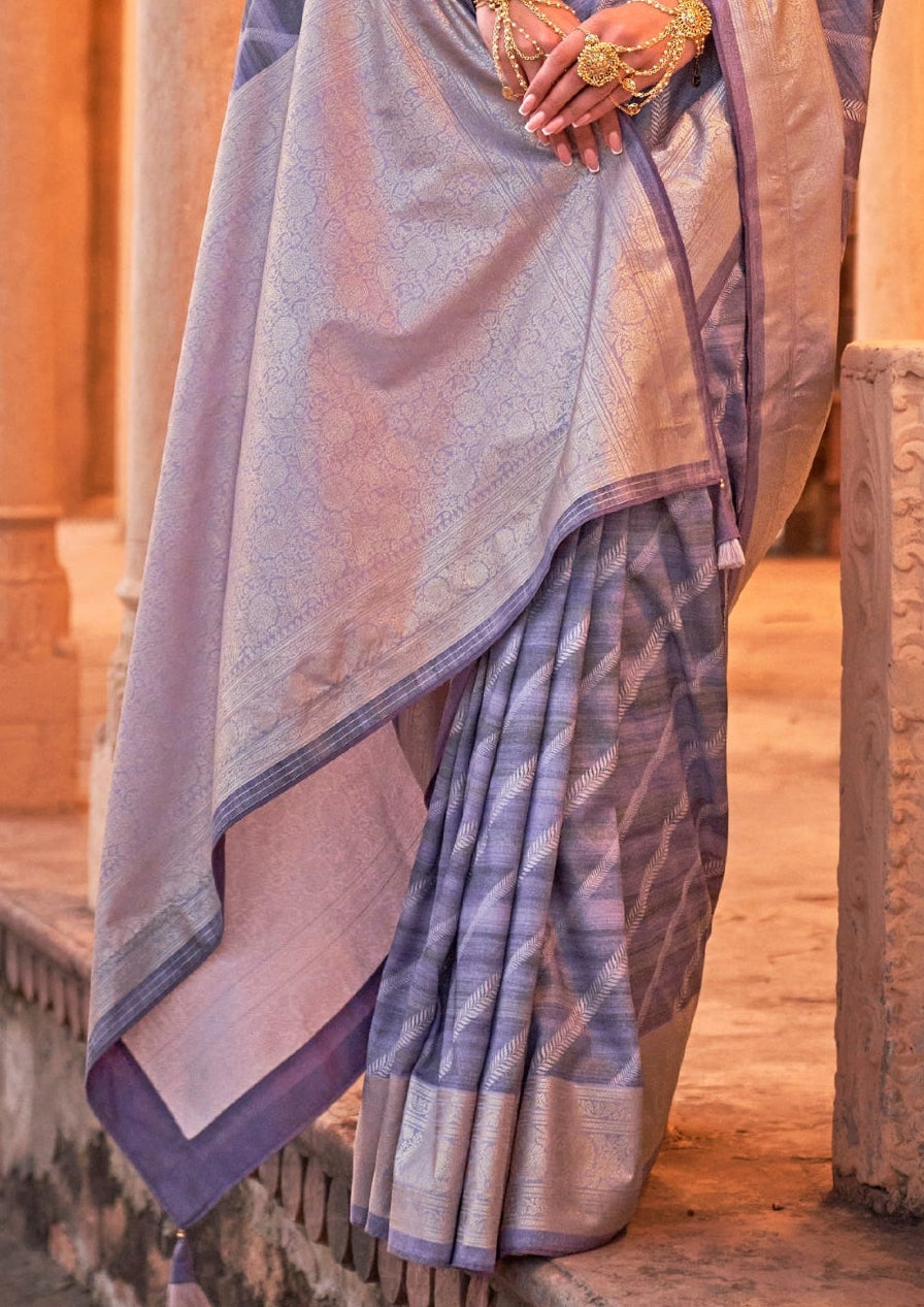 PV Silk Aqua Finish Lavender Saree With Golden Border