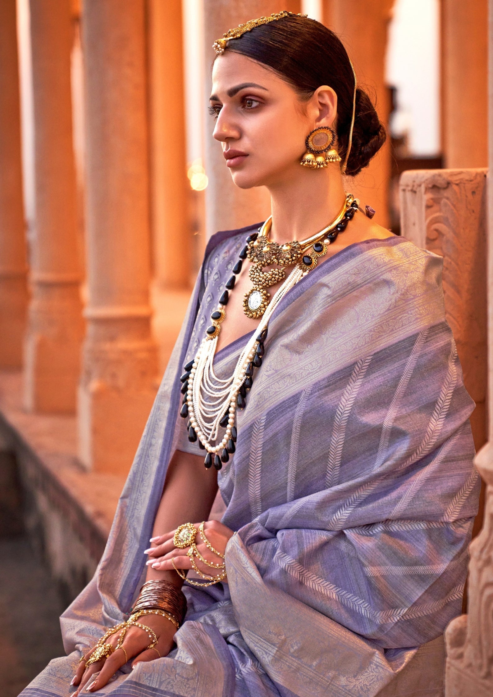 PV Silk Aqua Finish Lavender Saree With Golden Border
