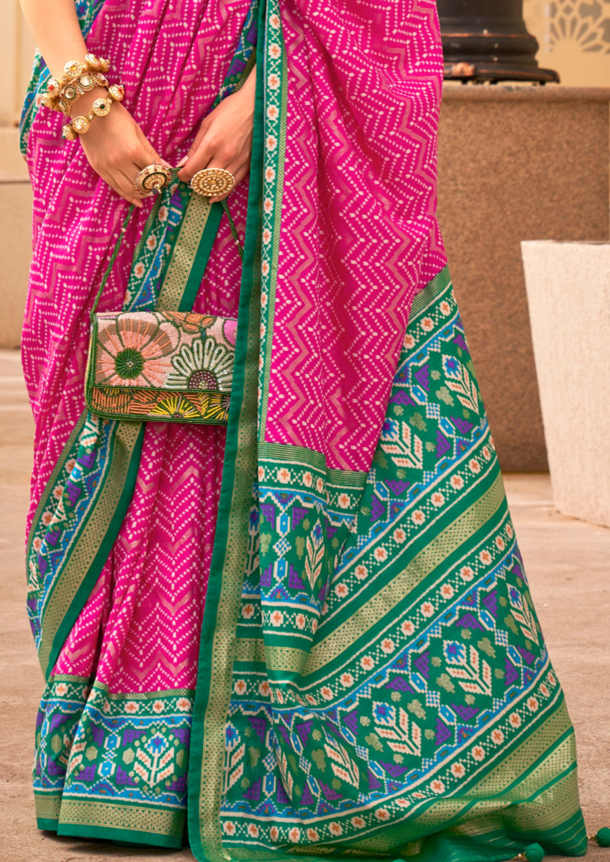 PV Silk Patola Design Deep Pink Saree With Contrast Border
