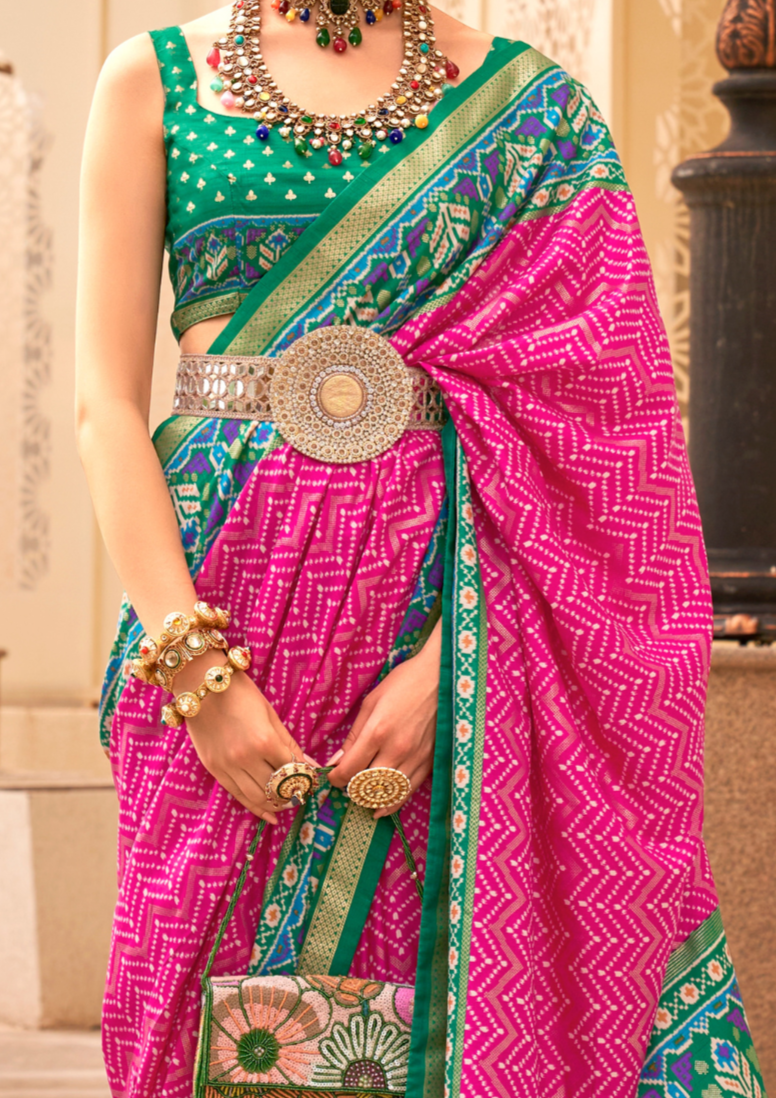 PV Silk Patola Design Deep Pink Saree With Contrast Border
