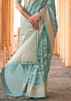 PV Silk Aqua Finish Teal Saree With Golden Border