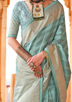 PV Silk Aqua Finish Teal Saree With Golden Border