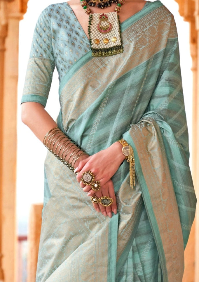 PV Silk Aqua Finish Teal Saree With Golden Border