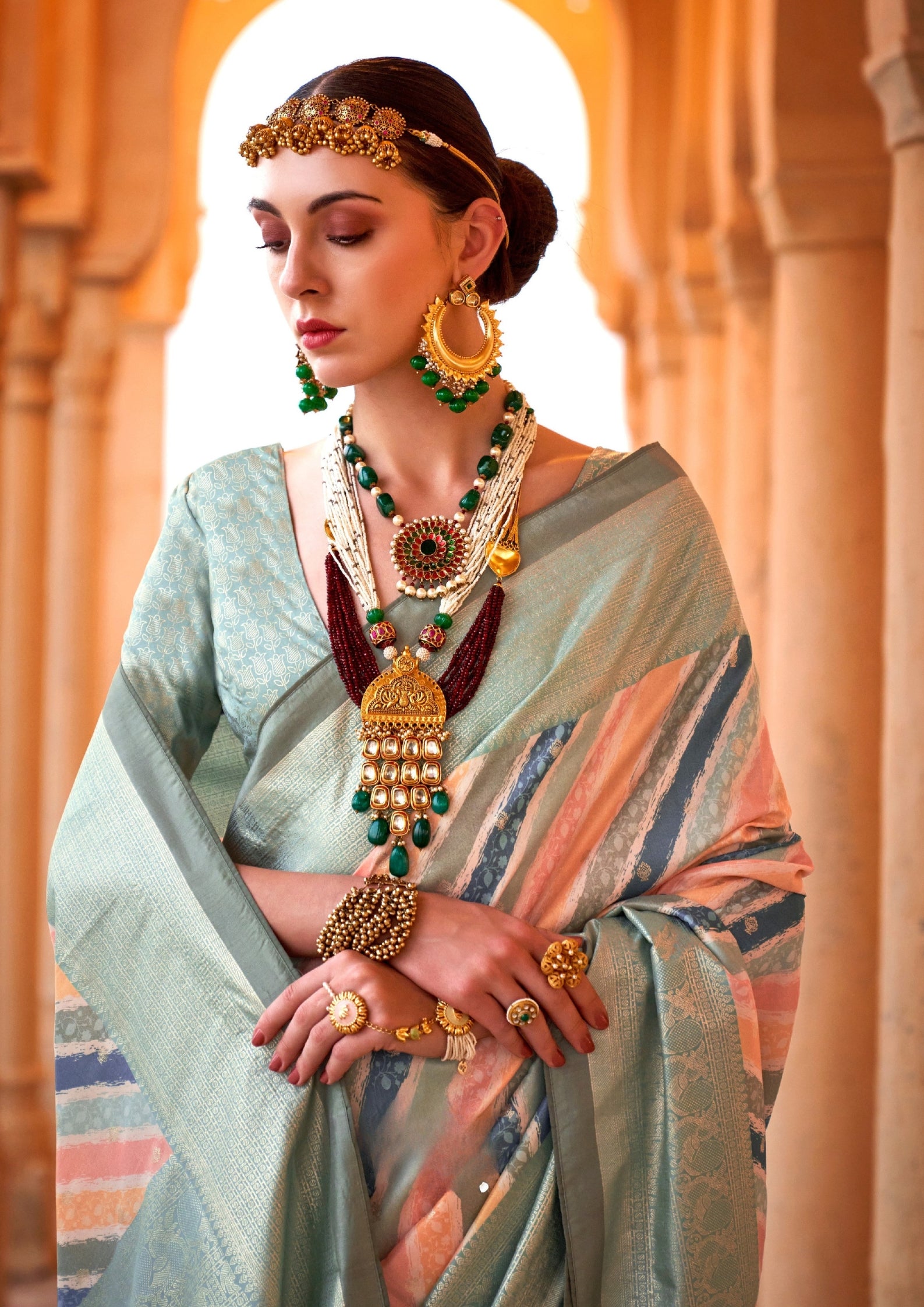 PV Silk Aqua Finish Mint Green Saree With Golden Border