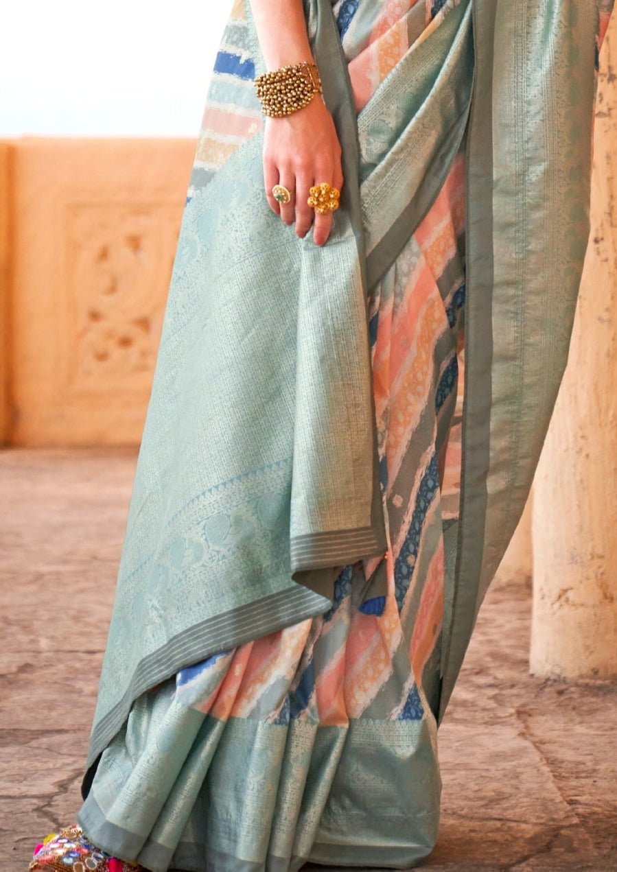 PV Silk Aqua Finish Mint Green Saree With Golden Border