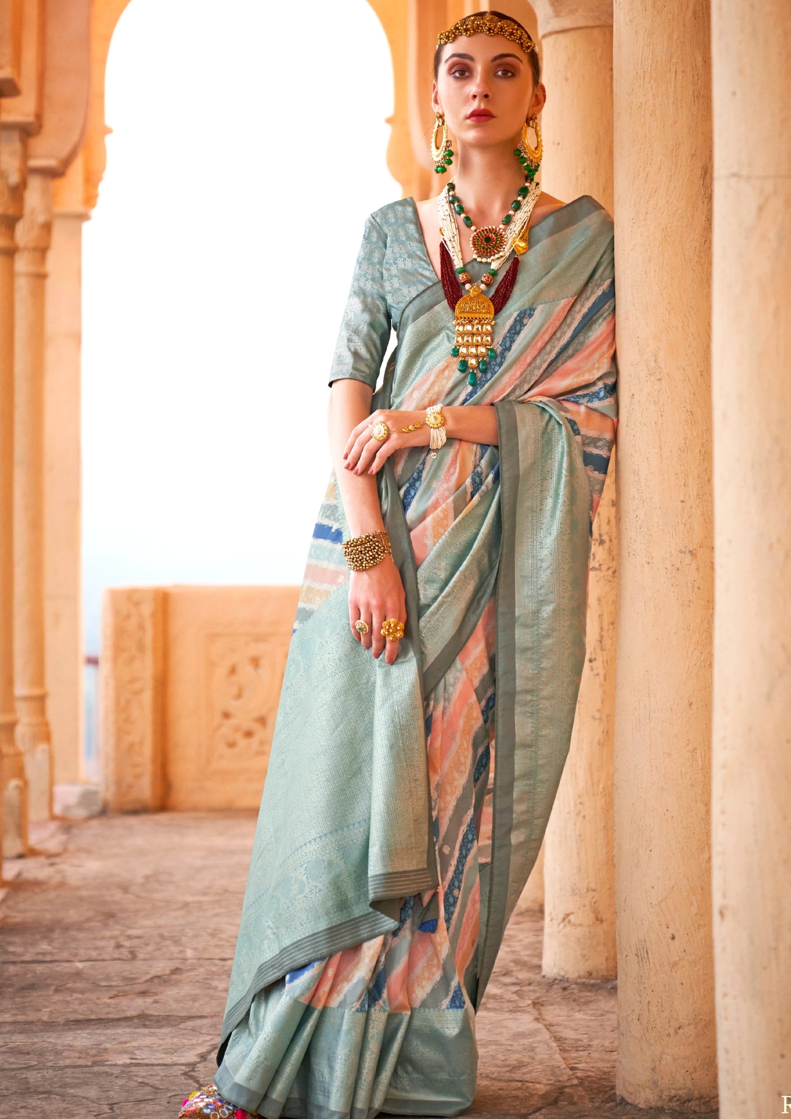 PV Silk Aqua Finish Mint Green Saree With Golden Border