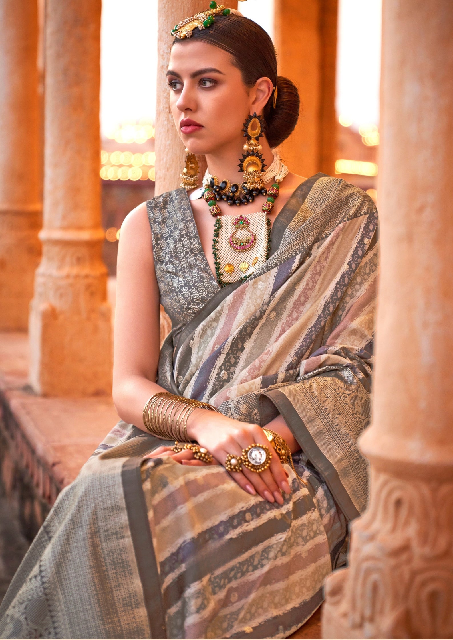 PV Silk Aqua Finish Grey Saree With Golden Border