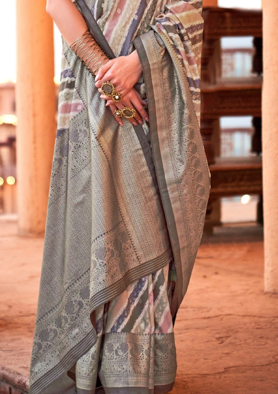 PV Silk Aqua Finish Grey Saree With Golden Border