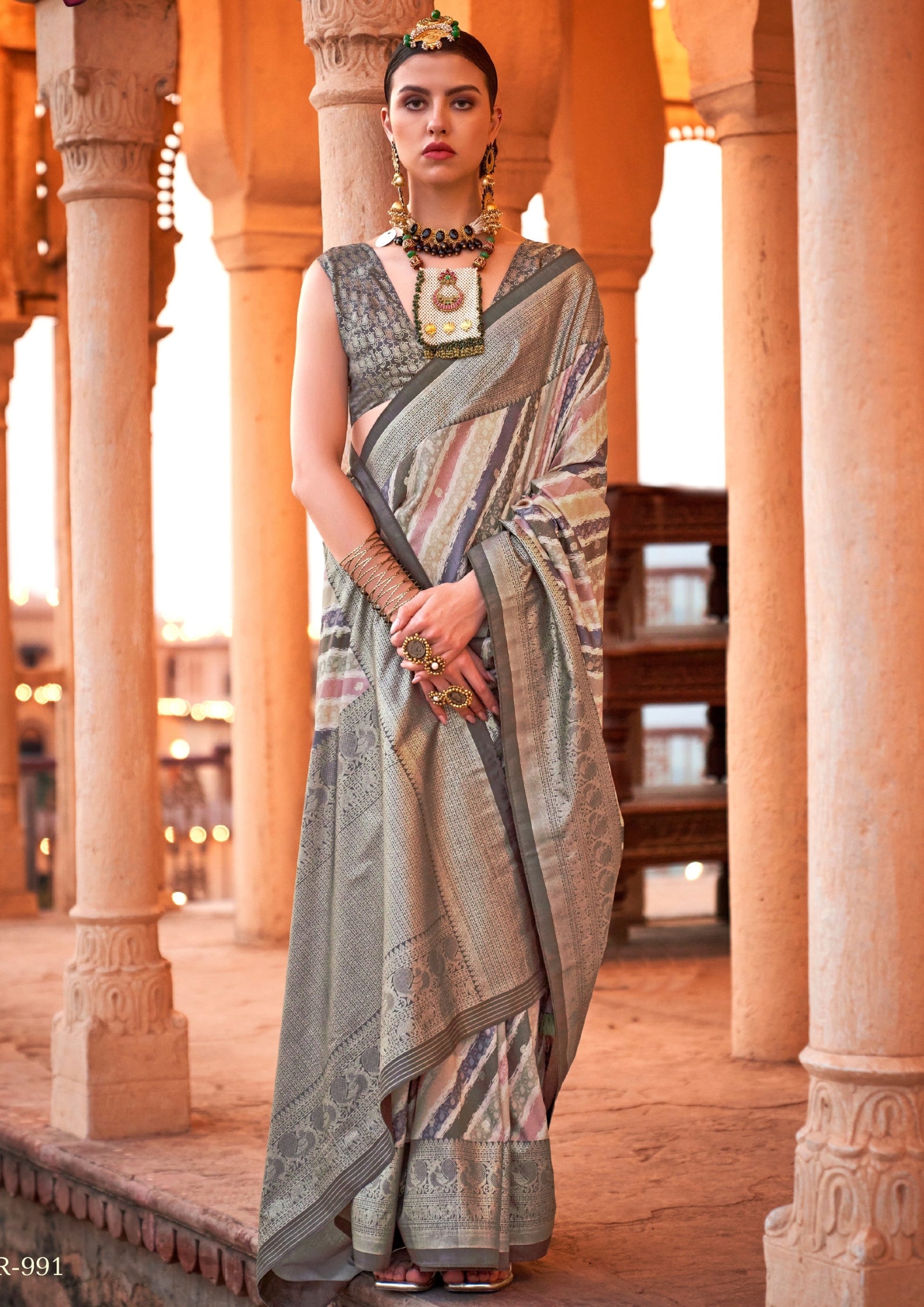 PV Silk Aqua Finish Grey Saree With Golden Border