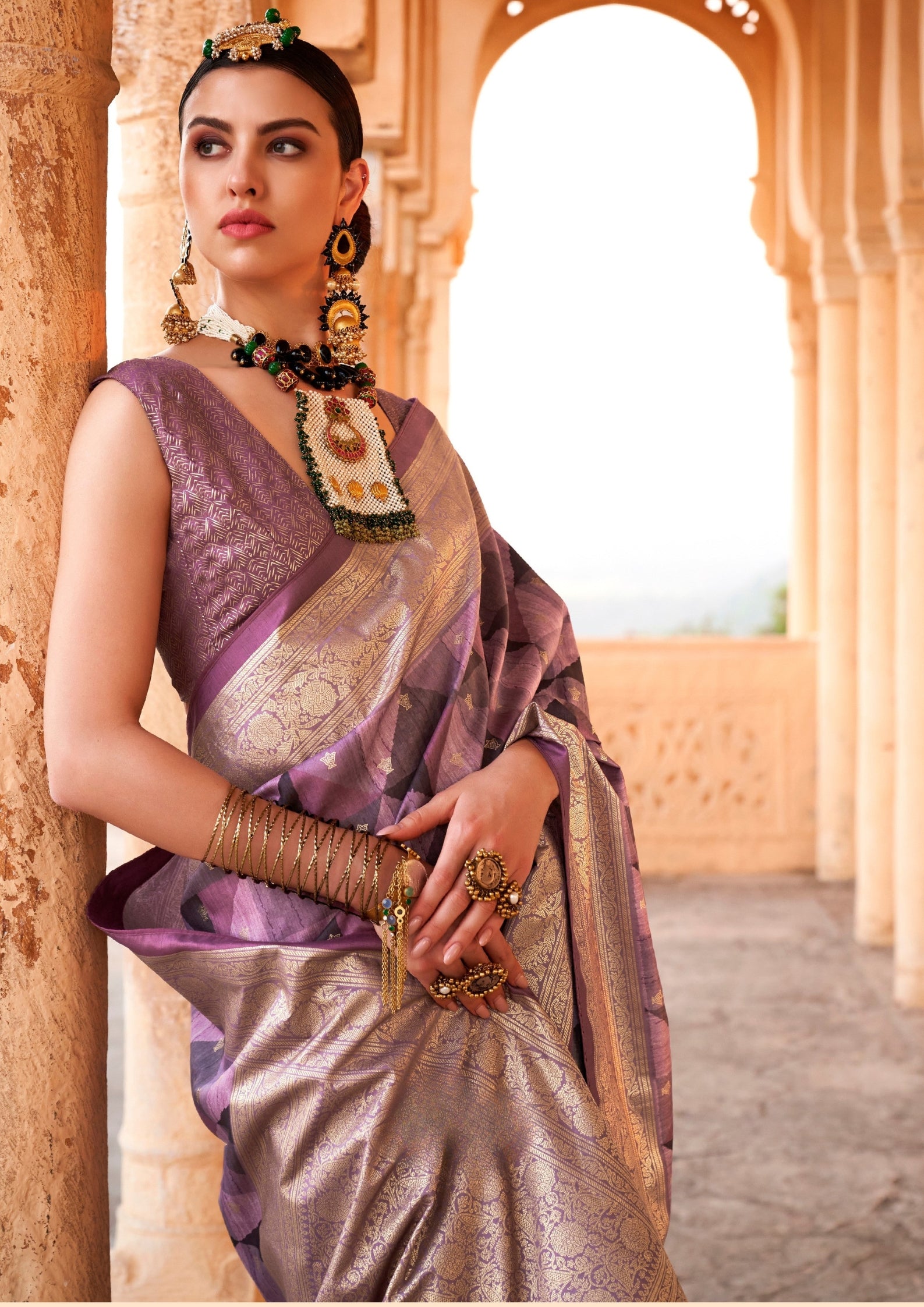 PV Silk Aqua Finish Purple Saree With Golden Border