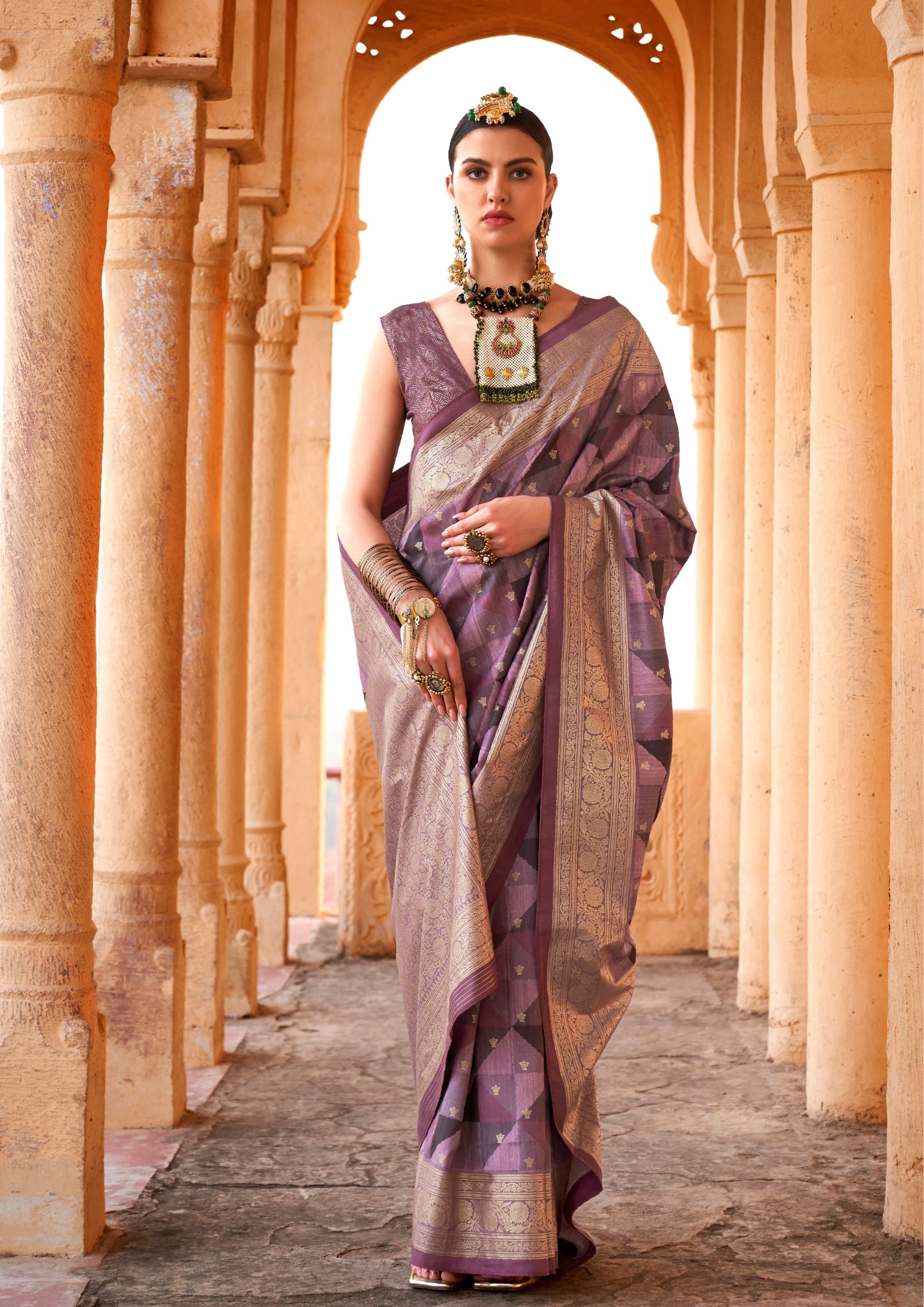 PV Silk Aqua Finish Purple Saree With Golden Border