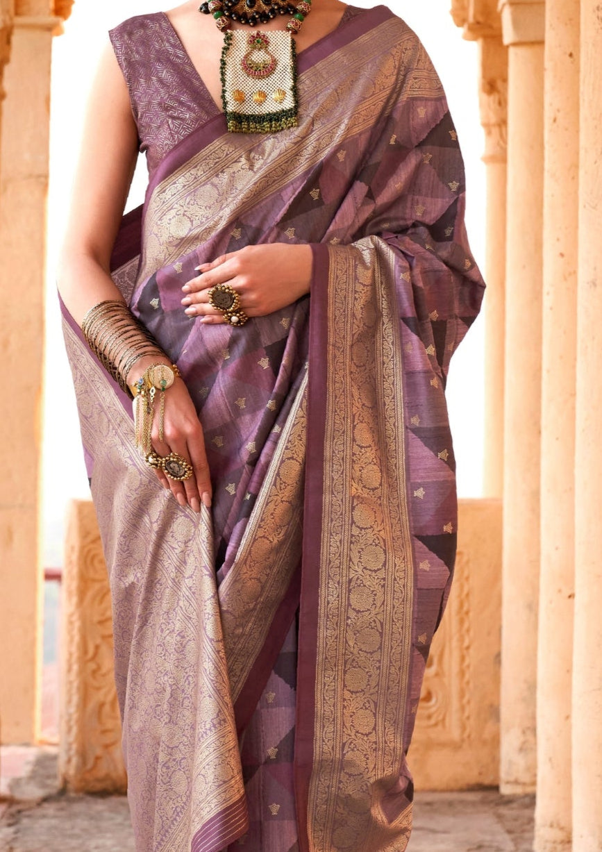 PV Silk Aqua Finish Purple Saree With Golden Border