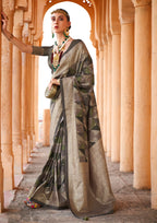 PV Silk Aqua Finish Olive Green Saree With Golden Border