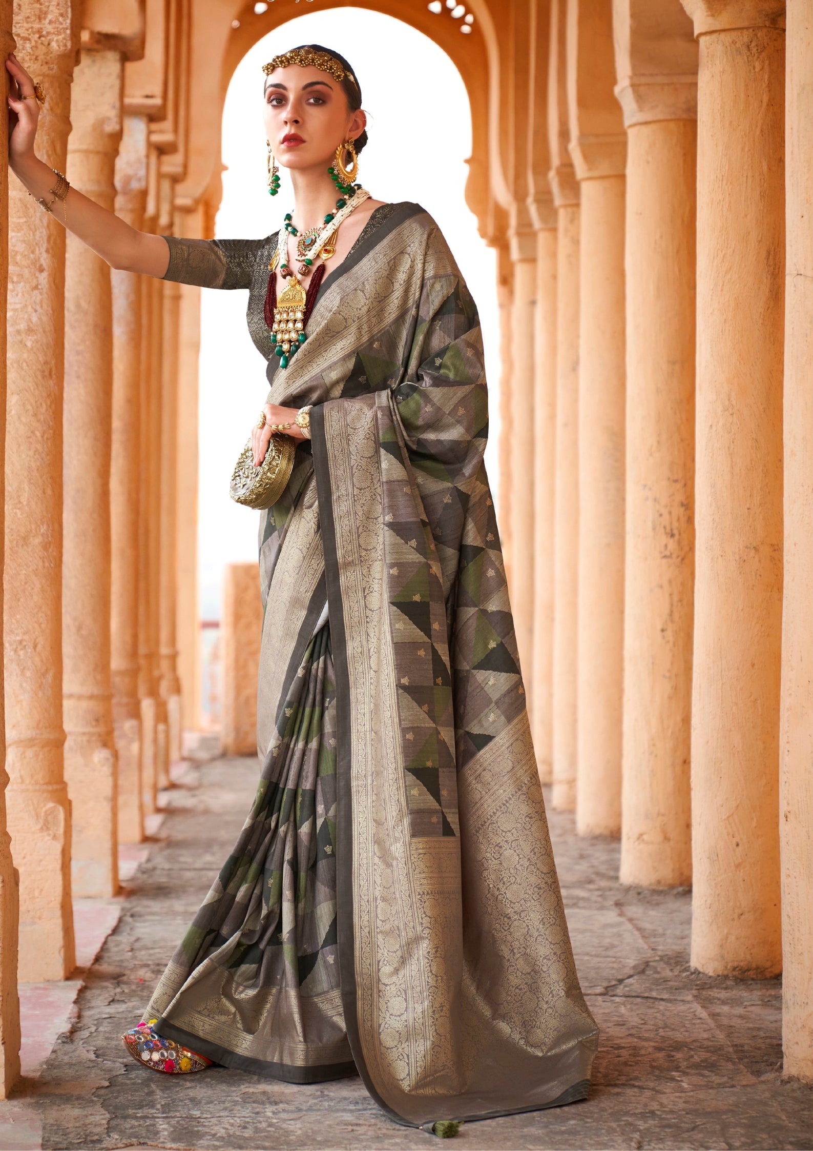 PV Silk Aqua Finish Olive Green Saree With Golden Border