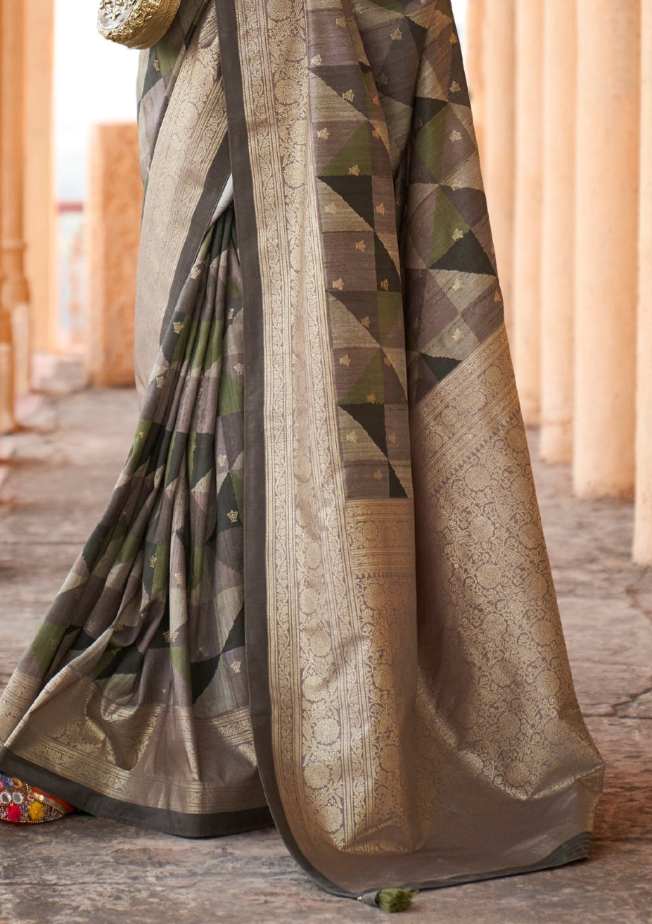 PV Silk Aqua Finish Olive Green Saree With Golden Border