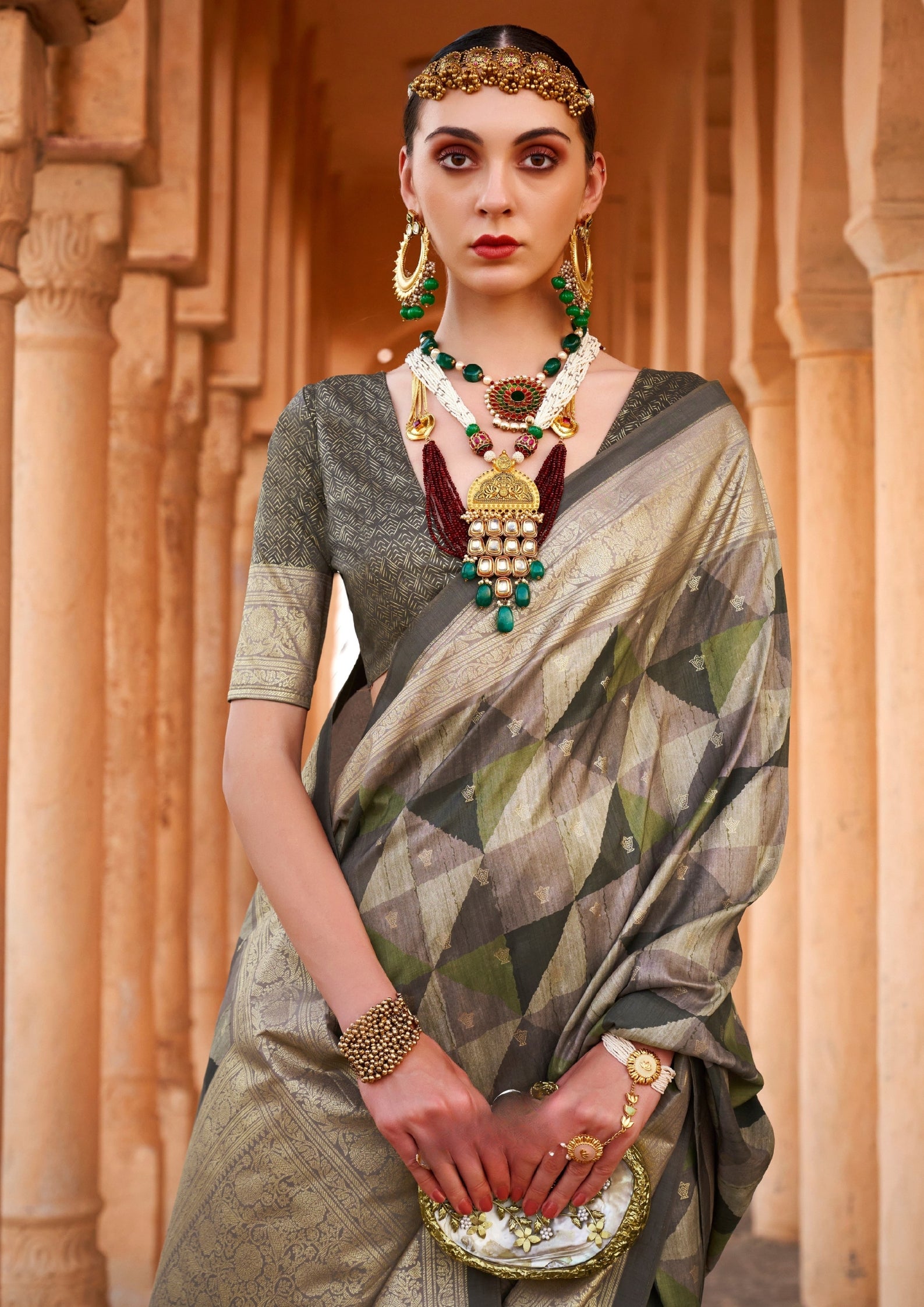 PV Silk Aqua Finish Olive Green Saree With Golden Border