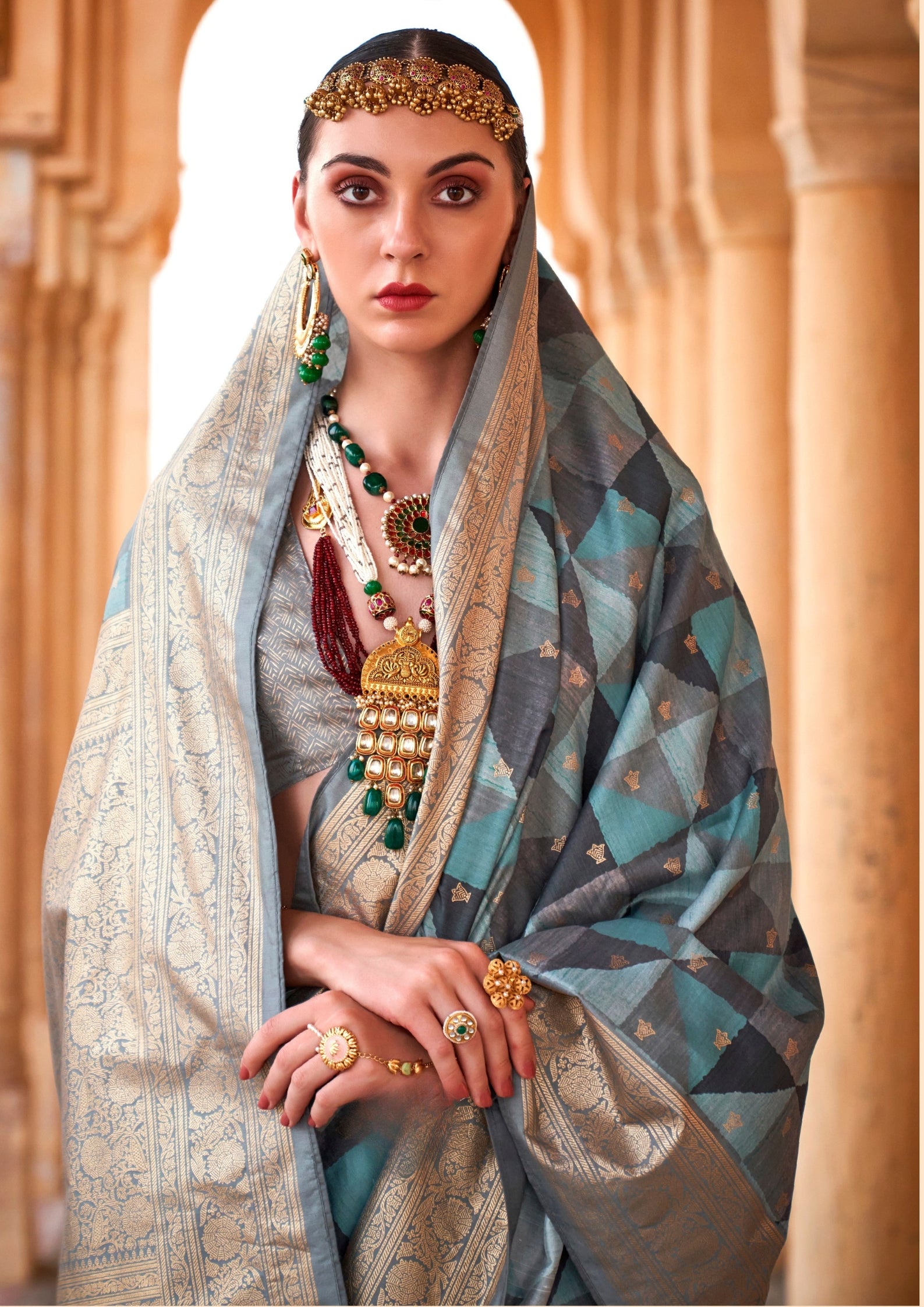 PV Silk Aqua Finish Turquoise Blue Saree With Golden Border