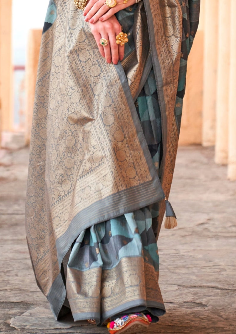 PV Silk Aqua Finish Turquoise Blue Saree With Golden Border