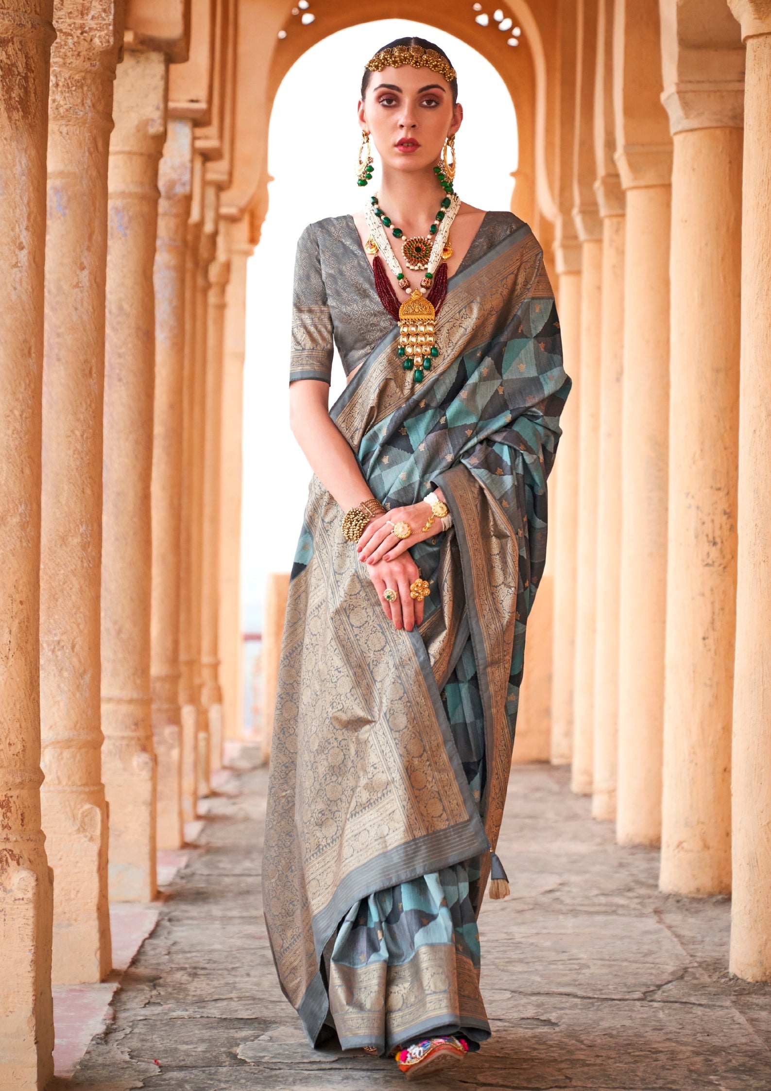 PV Silk Aqua Finish Turquoise Blue Saree With Golden Border