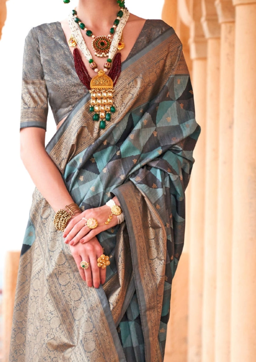 PV Silk Aqua Finish Turquoise Blue Saree With Golden Border