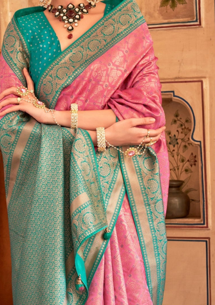 Banarasi Silk Delicate Design Pink Saree With Contrast Border