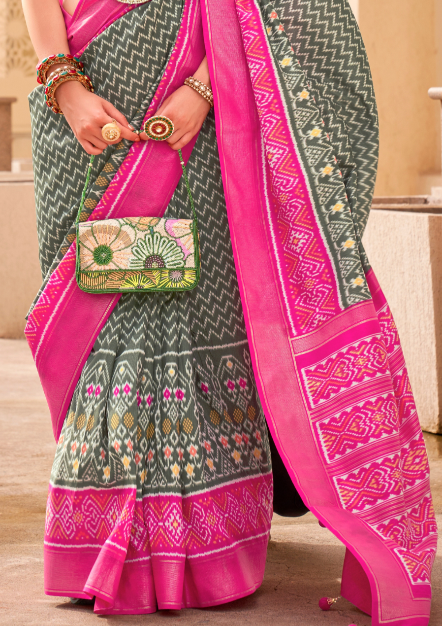 PV Silk Patola Design Olive Green Saree With Contrast Border