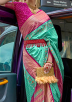PV Silk Stud Work Turquoise Green Saree With Contrast Border