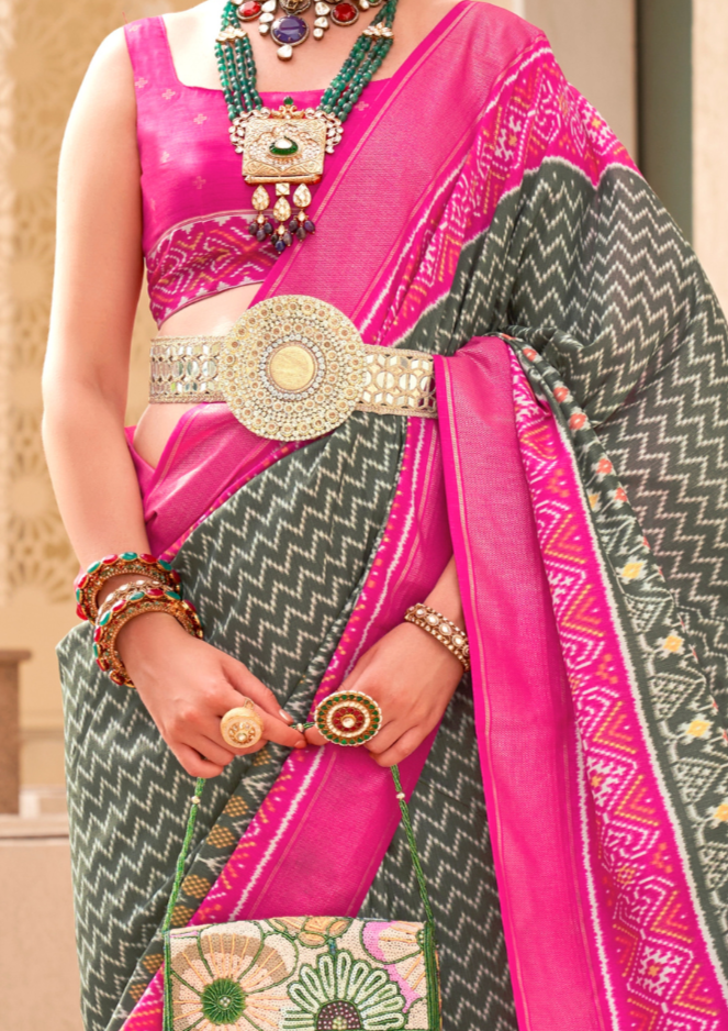 PV Silk Patola Design Olive Green Saree With Contrast Border