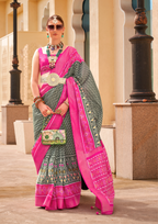 PV Silk Patola Design Olive Green Saree With Contrast Border