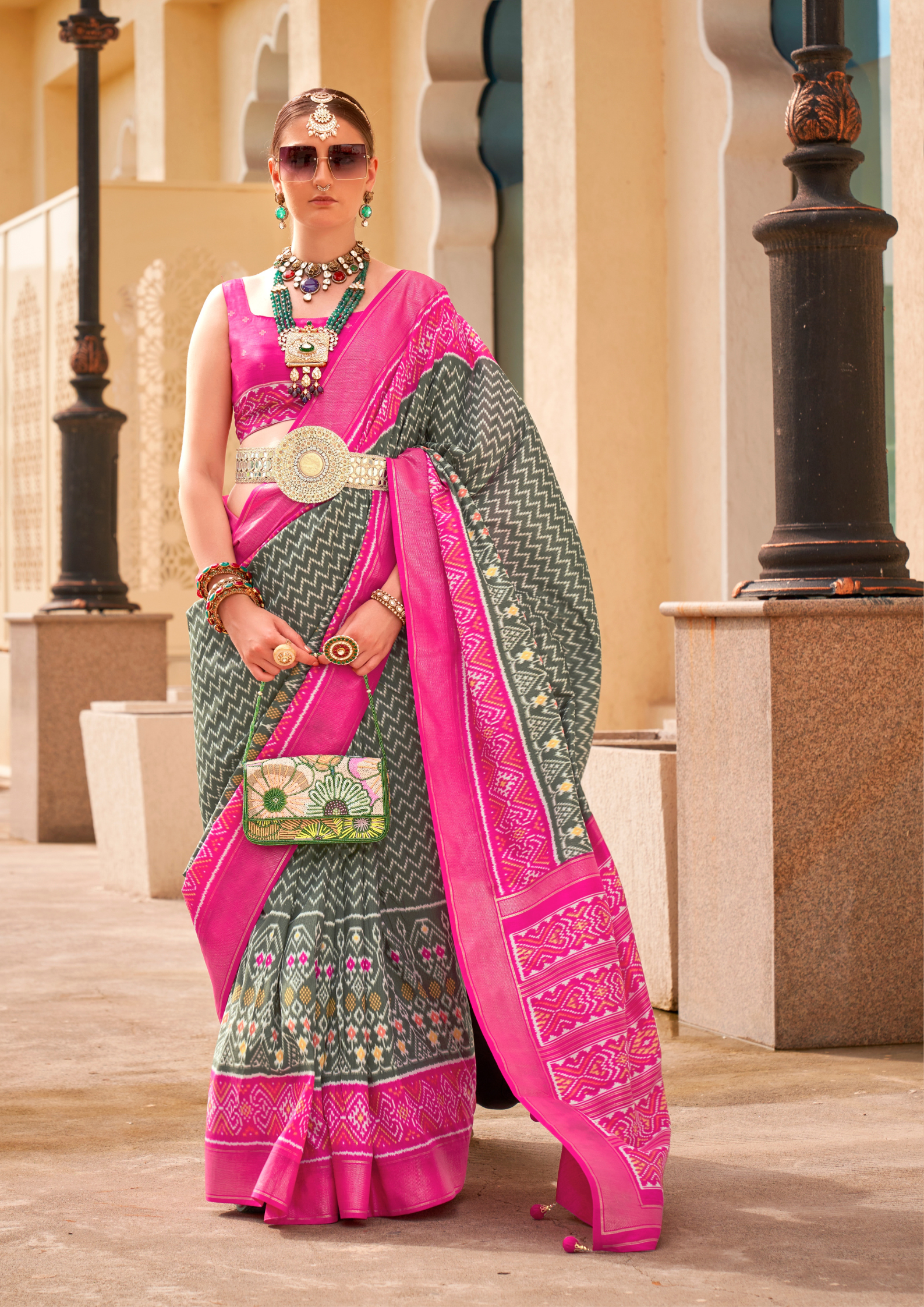 PV Silk Patola Design Olive Green Saree With Contrast Border