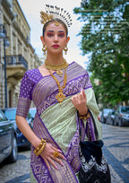 PV Silk Stud Work Light Green Saree With Contrast Border