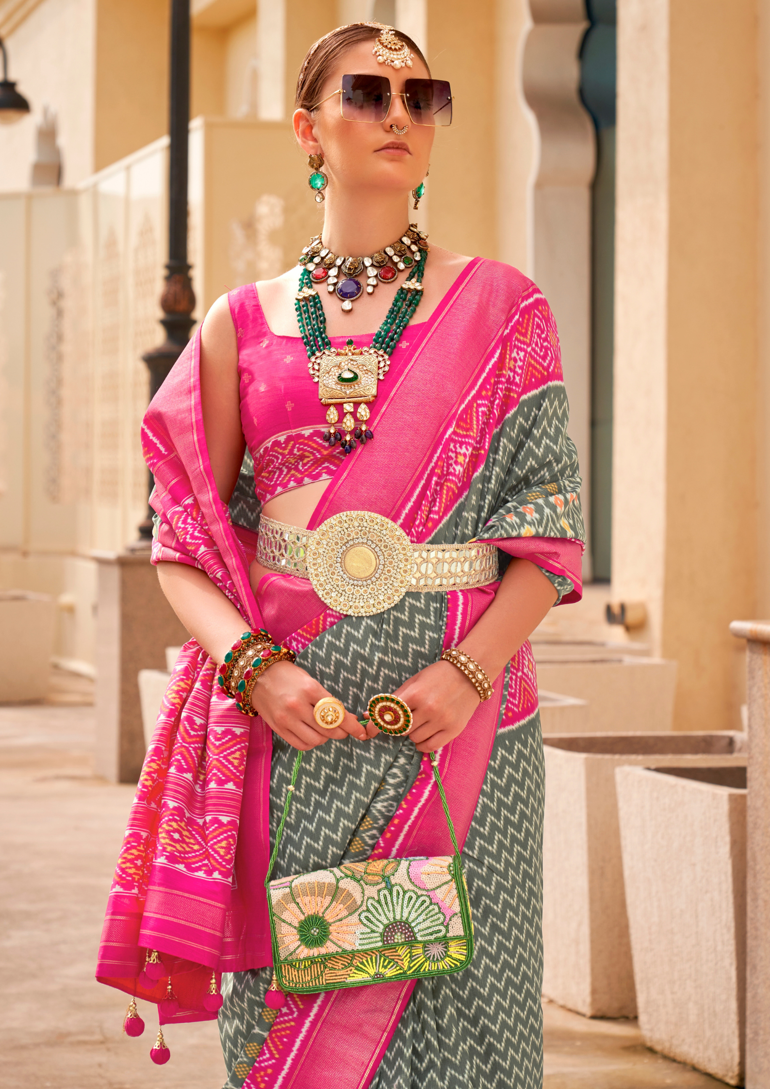 PV Silk Patola Design Olive Green Saree With Contrast Border