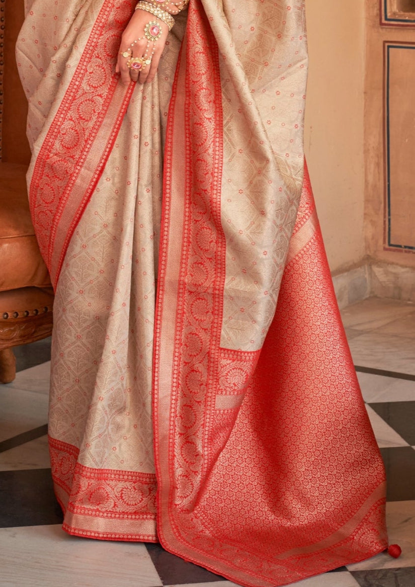 Banarasi Silk Delicate Design Beige Saree With Contrast Border