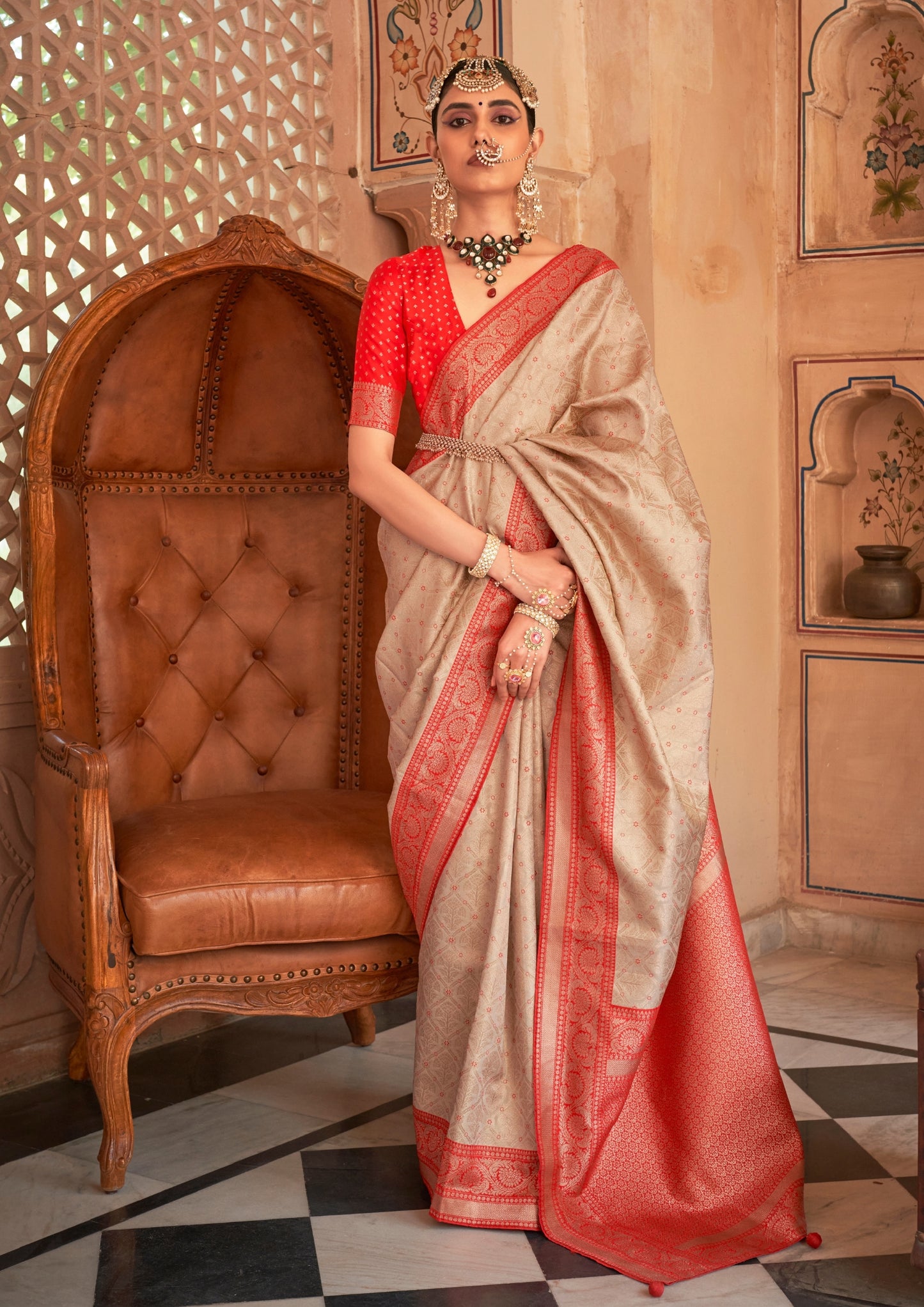 Banarasi Silk Delicate Design Beige Saree With Contrast Border