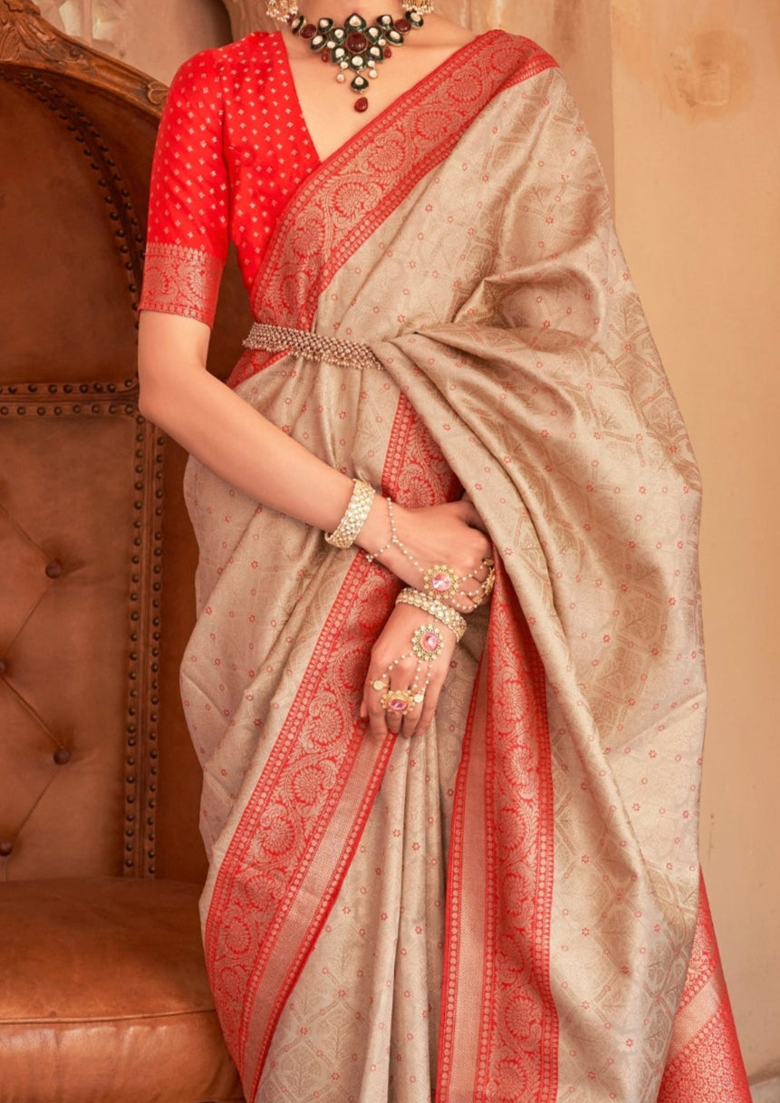 Banarasi Silk Delicate Design Beige Saree With Contrast Border