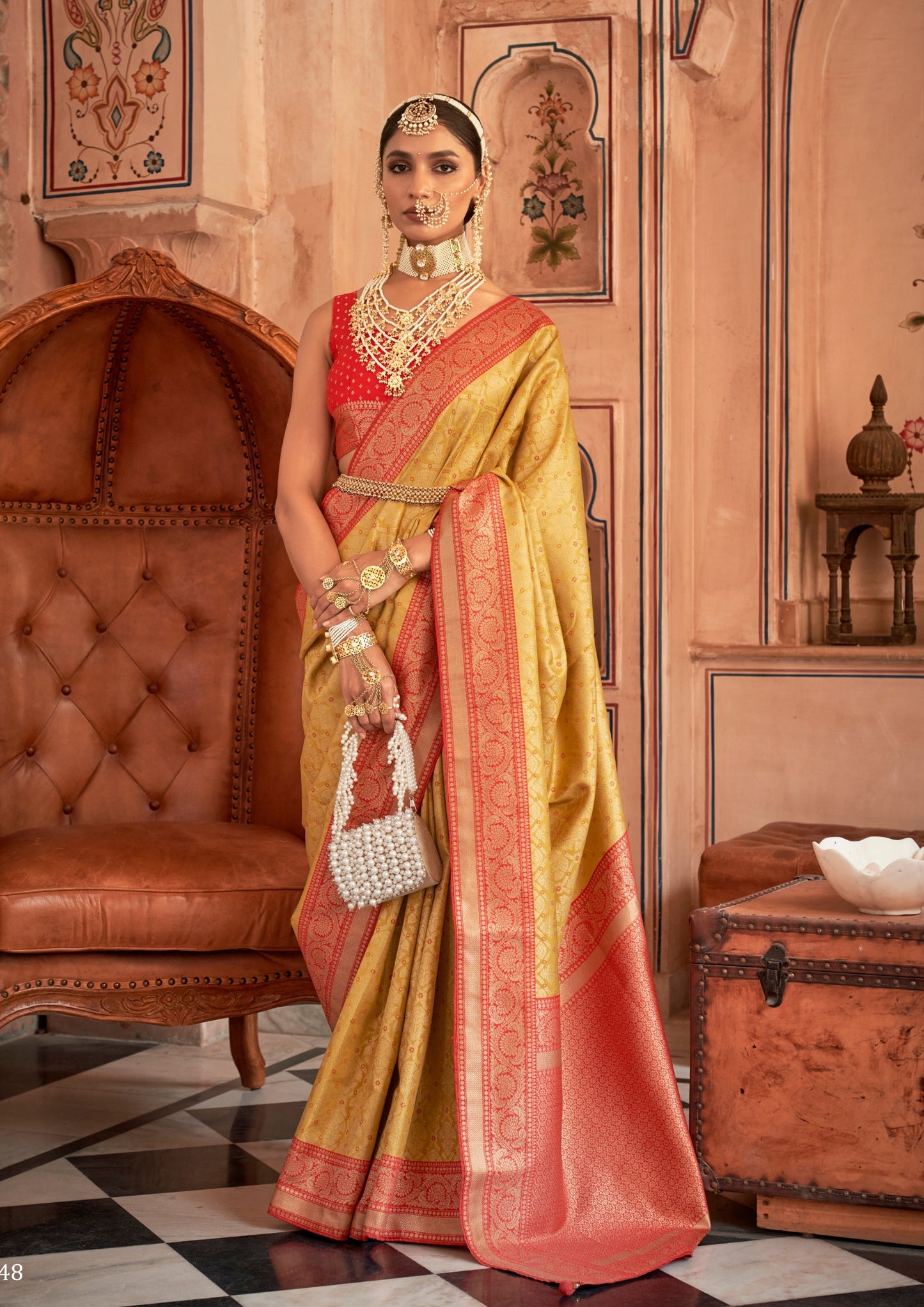 Banarasi Silk Delicate Design Gold Yellow Saree With Contrast Border