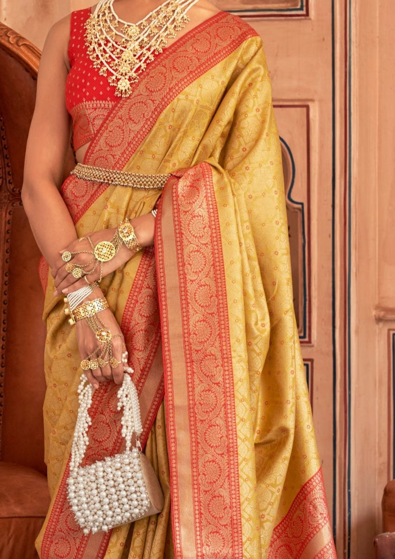 Banarasi Silk Delicate Design Gold Yellow Saree With Contrast Border