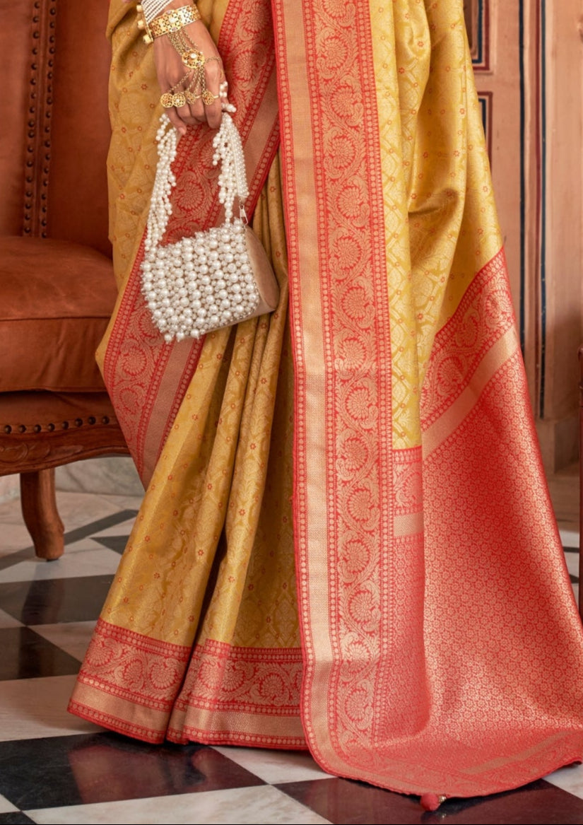 Banarasi Silk Delicate Design Gold Yellow Saree With Contrast Border