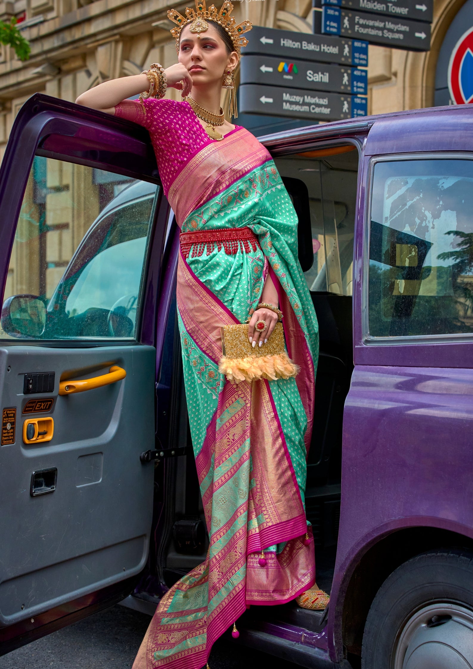 PV Silk Stud Work Turquoise Green Saree With Contrast Border